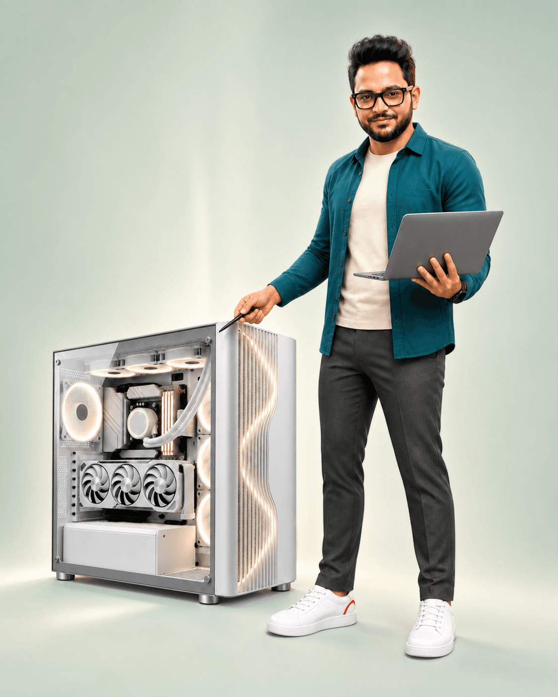 Mr PC Wale pointing at a white creator and developer PC