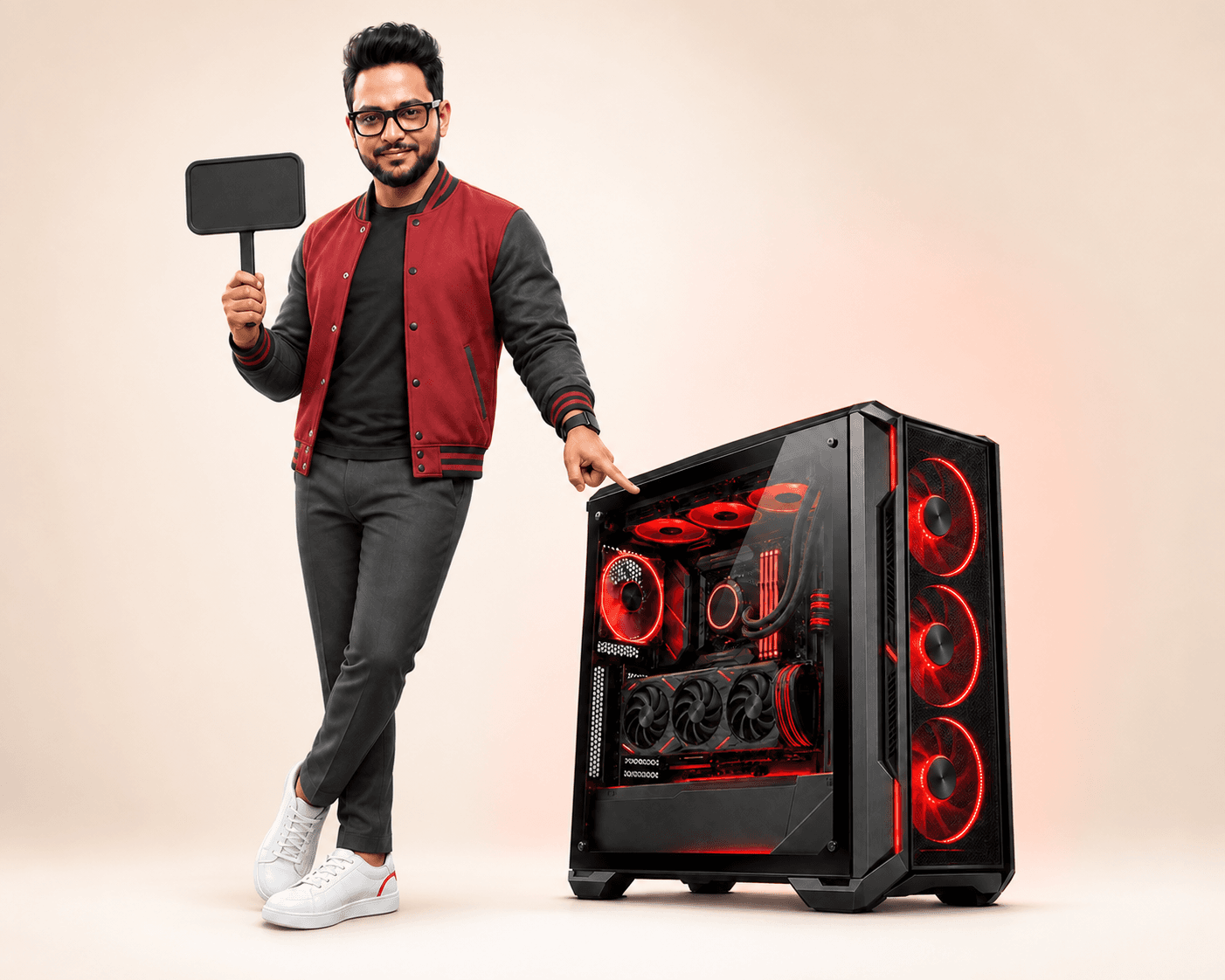 Mr PC Wale pointing at a red budget gaming PC